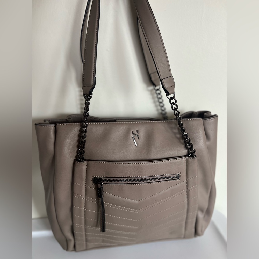 Simply Vera Vera Wang Taupe Gray Chain Accent Tote Shoulder Bag Chevron Pattern